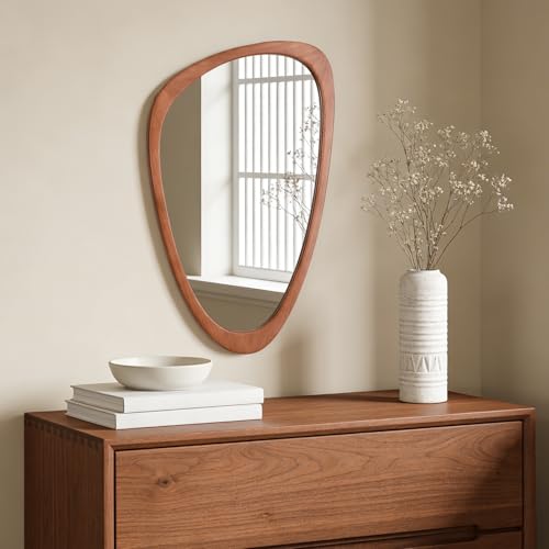 WallBeyond Asymmetrical Mirror, Irregular Wall Mirror, Wall Mirrors Decorative for Bedroom Living Room Entryway Hall, Wood Mirror for mid Century Modern Decor 30" H x 19" W - color: Walnut, size: 30"L x 19"W