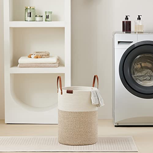 VIPOSCO 30L Small Woven Rope Laundry Hamper, Leather Handles, White & Brown - color: Brown, size: 30L