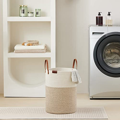 VIPOSCO 30L Small Woven Rope Laundry Hamper, Leather Handles, White & Brown - color: Brown, size: 30L