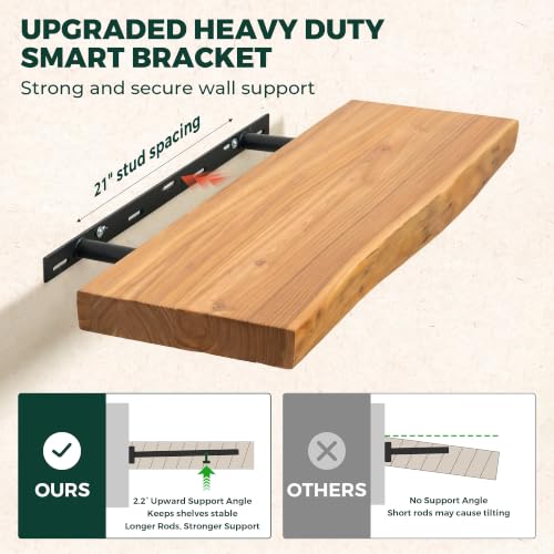 36in Live Edge Solid Elm Floating Shelves, Natural, Set of 2 - color: Natural Color, size: Live Edge 36 inch, 2Packs