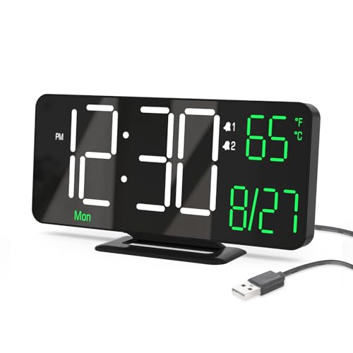 KOSUMOSU Digital Clock for Bedroom, 6.7in Black Alarm Clocks for Bedrooms,Auto Dimming, Date, Day of Week, Indoor Temperature,Digital Alarm Clock,Clocks for Living Room - color: Black (White + Green Digits)