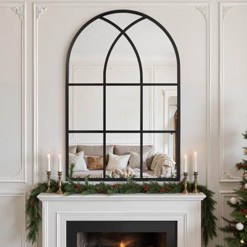 Arched Window pane Wall Mirror 30"x48", Window Shaped Farmhouse Style with Aluminum Frame, Decorative Wall Mirror Leaning Hanging for Living Room, Courtyard, Bedroom, Entryway, Black - color: Black, size: 48"L x 30"W