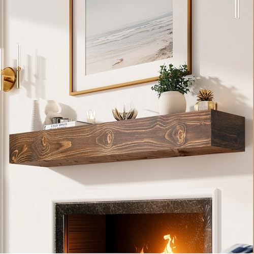 48x8x5in Pine Wood Fireplace Mantel Shelf, Weathered Brown - color: Weathered Brown, size: 48x5x8-hollow