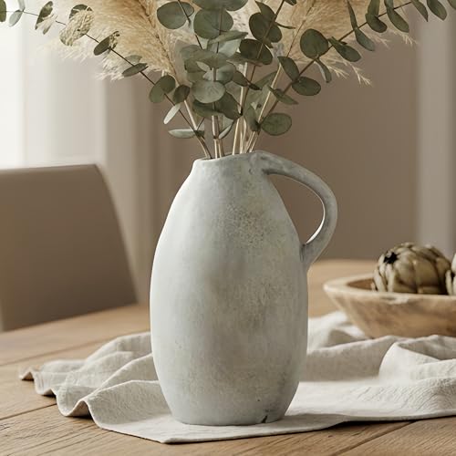 Rustic Ceramic Vase with Handle, 10.3 Inch, Handmade Decor - color: White Gray