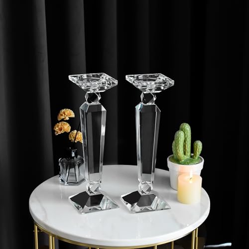 Crystal Candle Holders Set of 2,Crystal Taper/Pillar Candlestick Holders,Ultra Elegant & Modern Centerpiece Home Décor,Wedding(12inch Tall)