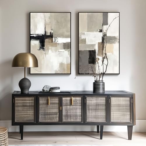 SAFERRYHOME Neutral Abstract Beige,Gray and Black Wall Art Set of 2,24"x36" - color: Neutral, size: 24" x 36" x 2 Panel Framed