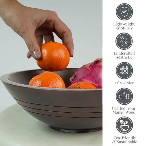 Folkulture Premium Wooden Fruit Bowl for Kitchen Counter, Mango Wood Bowl - color: Walnut