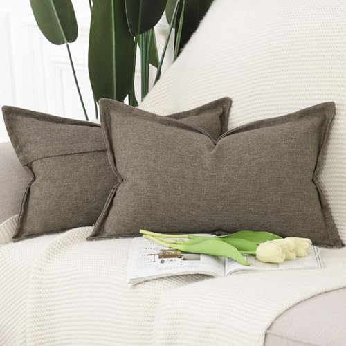 MADIZZ Pack of 2 Faux Rustic Linen Throw Pillow Covers with Flange Edge Soft Boho Natural Decorative Pillowcases for Sofa Living Room Modern Throw Pillows for Bed 12x20 Inch Brown - color: Brown, size: 20" x 12" (Pack of 2)