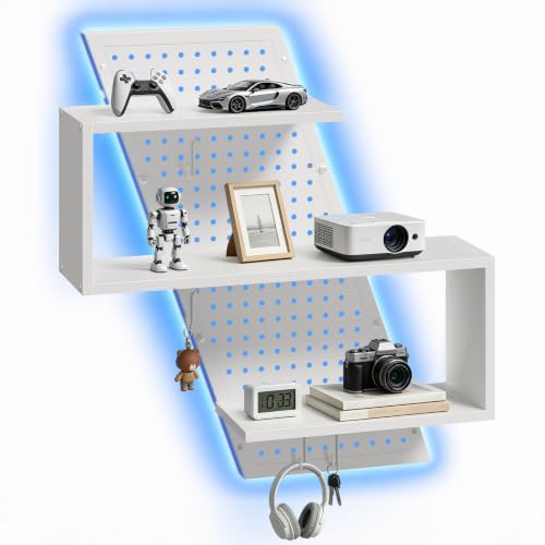 S-Shaped Gaming Floating Shelf with LED Light Strip, 3 Tier Wall Floating Shelf with Pegboard & 4 Removable Hooks, for Bedroom, Game Room, Living Room, Study, White - color: White
