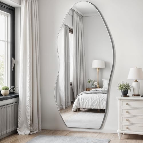 Antok Irregular Full Length Mirror, 76"x36" Asymmetrical Floor Mirror with Stand, Standing Hanging Leaning Irregular Mirrors for Bedroom Living Room Entryway, Wavy Shaped, Silvery - color: Silver, size: 76"L x 36"W, style: Wavy Shaped Style