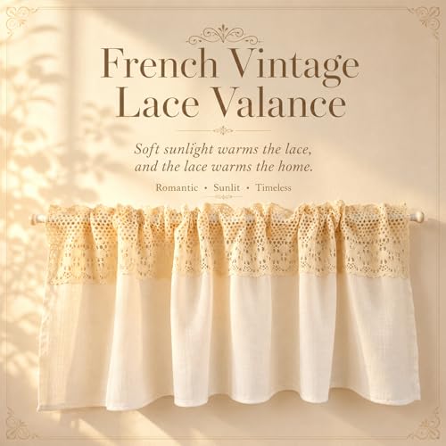 AOKQYA Lace Linen Kitchen Curtains, 54" W x 15" L - size: 54"W x 15"L (Pack of 1)