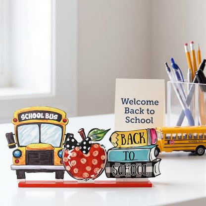 Smile Back to School Wooden Table Decor Book Stack, Polka Dot Apple, School Bus Desktop Signs - Classroom & Home Office Tabletop Decorations School Gift for Students, Teachers - style: School