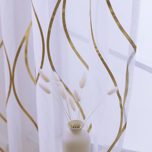 L.Z.E Gold White Sheer Curtains 108 Inches Long 2 Panels Set for Living Room Bedroom See Through Sheer Curtains Grommet Top Transparent Sheers with Wave Pattern Extra Long - color: (Grommet) Gold Waves, size: 54"W x 108"L (Pack of 2)