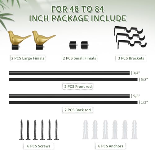 3/4" Diameter Farmhouse Double Window Treatment Curtain Rod, Gold Bird Finials (48"-84", Black Rod) - color: Black with Gold Finial, size: 48"-84"