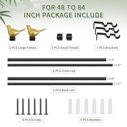 3/4" Diameter Farmhouse Double Window Treatment Curtain Rod, Gold Bird Finials (48"-84", Black Rod) - color: Black with Gold Finial, size: 48"-84"