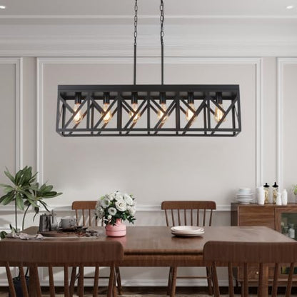 Rustic Farmhouse Metal Kitchen Island Lighting, 6 Lights Rectangular Pendant Light Fixture, Adjustable Rods Modern Metal Linear Chandelier for Kitchen Island Farmhouse Dining Room, Black - size: Large 6 lights