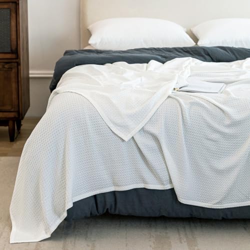 AmyHomie Cooling Waffle Blanket King Size, 100% Rayon Derived from Bamboo - color: White, size: King (108"x90")