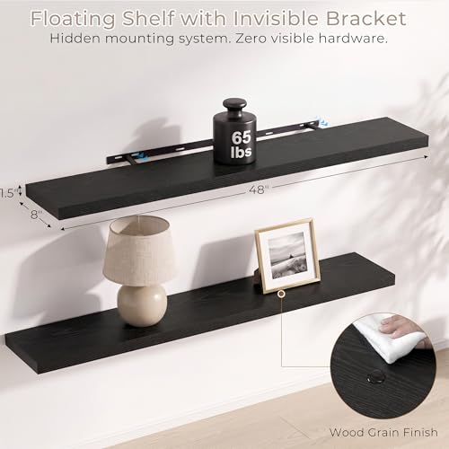 Vivelove Black Floating Shelves 48 x 8 Inch, Large Long Shelf, Set of 2 - color: Black, size: 48"Wx8"Dx1.4"H