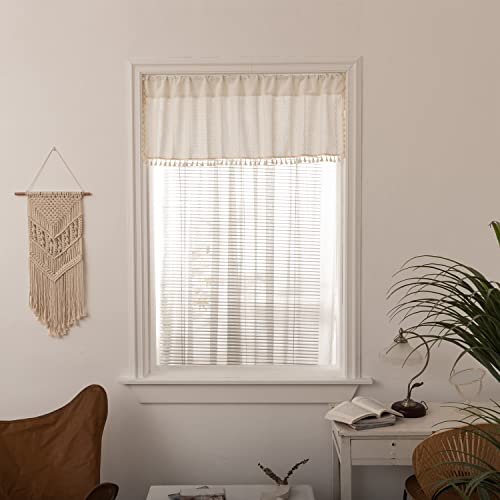 Deeprove White Boho Tassel Valance for Cafe Kitchen Decor, Bohemian Farmhouse Cream Cotton Linen Short Curtains French Country Window Treatments Tier Panel, W52 x L18, 1 Piece - color: White, size: 52"W x 18"L (Pack of 1)