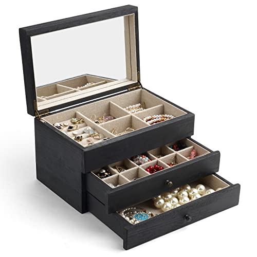 Meangood Jewelry Box Organizer for Women, 3 Layer Large Jewelry Storage Case, Rustic Wooden Jewelry Box with Mirror & Ring Tray for Necklace Earring Bracelets Rings, Vintage Style (Black) - color: Black, size: 2-Drawer