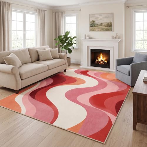 5x7 Pink and White Modern Abstract Wavy Washable Area Rug - color: Pink/White, size: 5' x 7' (Rectangular)