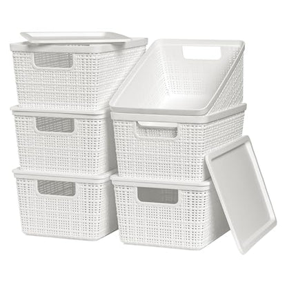 6 Pack Plastic Storage Baskets with Lid,White Stackable Bins - color: White