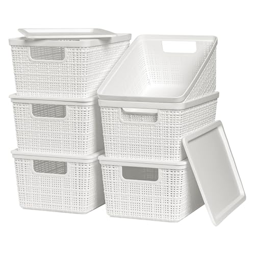 6 Pack Plastic Storage Baskets with Lid,White Stackable Bins - color: White