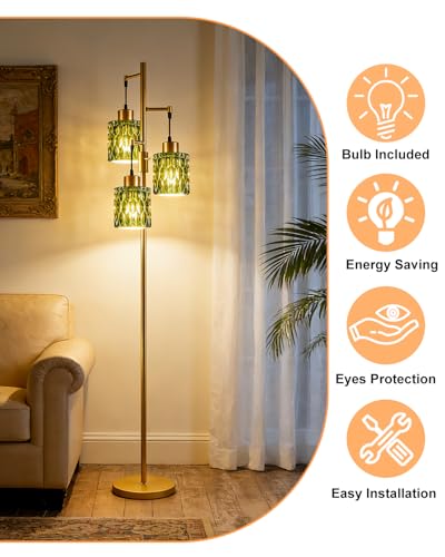 Lightdot Green Glass Floor Lamp Farmhouse Mid Century Standing Tall Lamp - color: 3 Green Glass-Gold G
