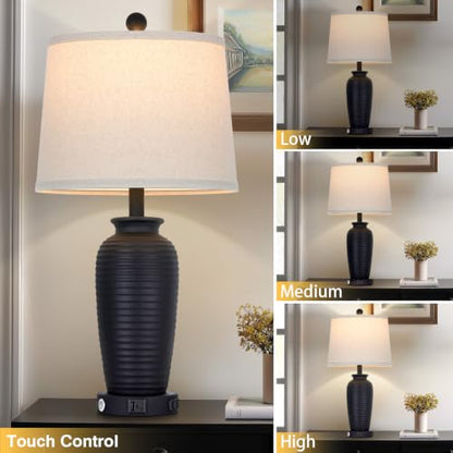 CINSARY 25" Retro Black Farmhouse Jar Table Lamps, 3 Way Touch Control Rustic Bedside Lamps with USB A+C Ports & AC Outlet, Pot Nightstand Lamps for Bedroom Living Room (LED Bulbs Included) - color: Retro Black-1Pack