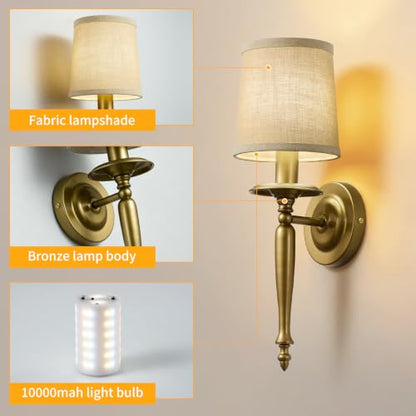 Rechargeable Wall Sconces Set of 2, Antique Brass Wall Lamps with Linen Shade, 10000mAh Battery Operated Wireless Lights, No Hardwiring Required, for Bedroom & Living Room