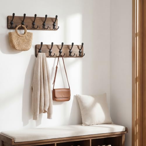 WEBI Rustic Coat Rack Wall Mount,Solid Wood Coat Hooks Wall Mounted Coat Hanger,16" Hole to Hole,Hook Rack Rail,5 Triple Hooks for Hanging Coats,Jacket,Clothes,Farmhouse,Brown - color: Brown, size: 5 Hooks