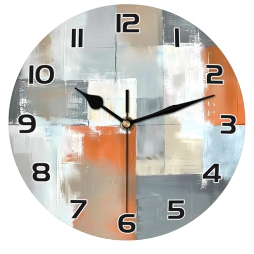 Abstract Orange Grey White Beige Art Wall Clock Battery Operated 10 in Round Wall Clocks Slilent Non Ticking Quartz Analog Clock for Bedroom Kids Living Room Classroom Decor - color: Abstract Orange Grey White Beige Art