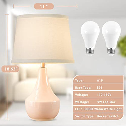 GyroVu 18" Table Lamp Set of 2, Ceramic Lamp Classic Beside Lamps Nightstand Lamp Modern Bedside Lamp for Living Room, Bedroom & Office Rocker Switch Pink-LED Bulbs Included - color: 18.63" Pink