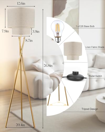 Lightdot Tripod Floor Lamp, Modern Floor Lamps for Living Room, Standing Lamp with Dual Drum, E26 Bulb Included, 67.7" Tall Floor Lamp for Bedroom, Home Office - color: Double Fabric-Gold