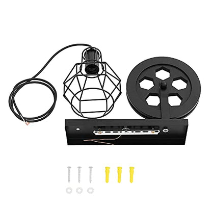 1-Light Rustic Wall Light Lift Pulley with Matte Iron Cage Lampshade Industrial Mid Century Sconce for Indoor Lighting Barn Restaurant (Black Color) - color: Black