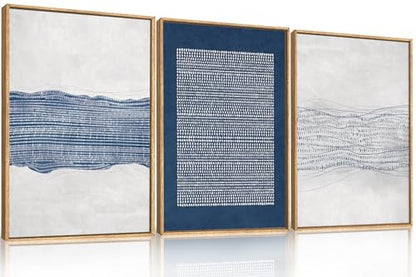 Aryroi Navy Blue and White Abstract Framed Canvas Wall Art Set- 16"x24"x3 - color: Navy Blue Dot Wall Art, size: 16"L x 24"W