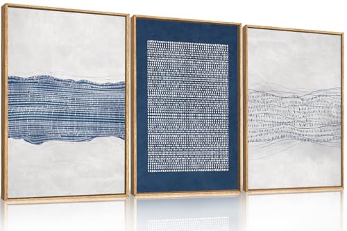 Aryroi Navy Blue and White Abstract Framed Canvas Wall Art Set- 24"x36"x3 - color: Navy Blue Dot Wall Art, size: 24"L x 36"W