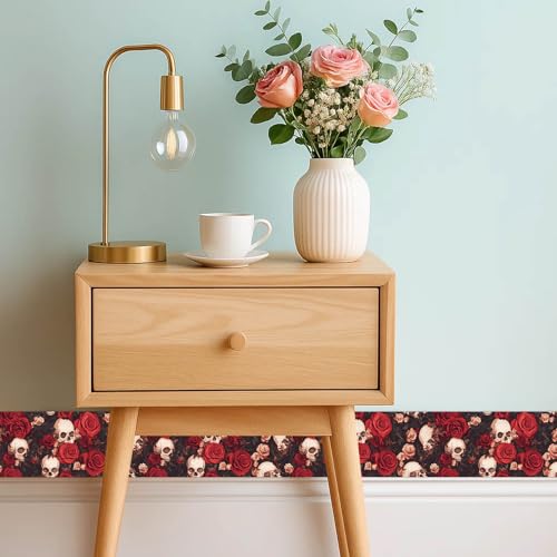 IVN Wallpaper Border Peel and Stick Wall Skull and Rose Floral 4x196 Inch - color: Halloween Skull Rose