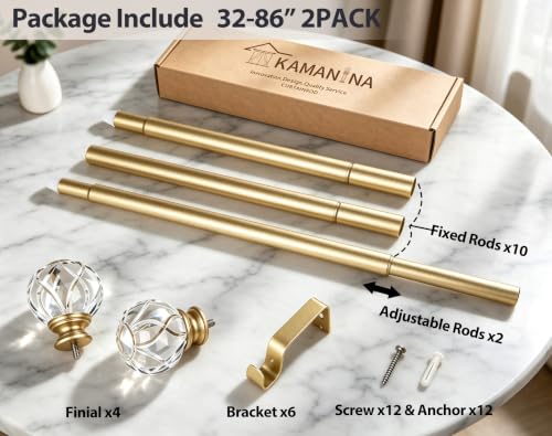KAMANINA Gold Curtain Rods for Windows 48-84 Inches Heavy Duty Drapery Rod - color: Gold, size: 48-84"(2 pack)