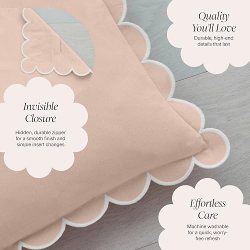 BEBE BASK Scalloped Pillow Cover Set of 2, 18x18, 100% Cotton - Peach Pink - color: Peach Pink/White