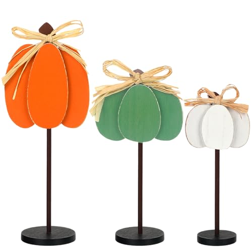 Thyle 3 Pcs Fall Pumpkin Decor, Wooden, Orange, Green, White - color: Orange, Green, White