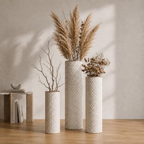 White Tall Floor Vases Set of 3, 27 Inch Large Metal Decorative Vases with Honeycomb Texture- Modern Cylinder Floor Vase for Living Room Corner, Pampas Grass＆Dried Flowers, Home Decor (White) - color: White