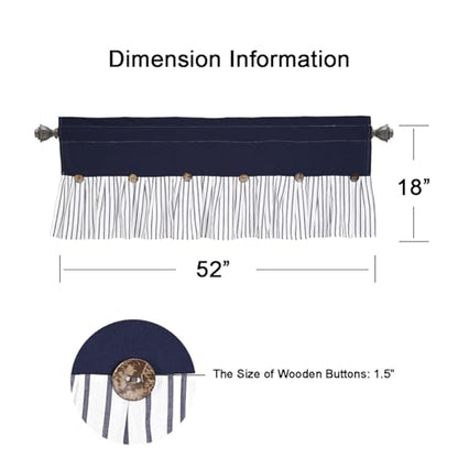 DOSLY Ides Farmhouse Navy Blue Button Valance, Striped Pleated Design with Coconut Buttons, Window Treatment for Kitchen Living Room Bedroom, 52" W x 18" L - color: Navy & Navy Stripe, size: 52"W x 18"L (Pack of 1)