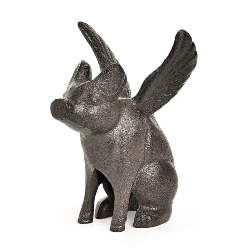 Sungmor Cast Iron Flying Pig Statue, Doorstop - Rustic Brown - color: Flying Pig