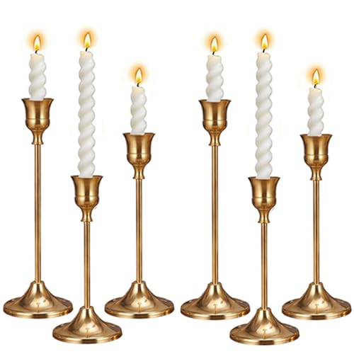 2 Sets Candle Holder Brass Gold Candlestick Holders -Vintage Modern Metal Taper Candle Holders, Decorative Centerpiece for Table Mantel, Wedding Kitchen Home Decor, Wedding Gift,6Pcs - color: Brass Gold, size: 6Pcs