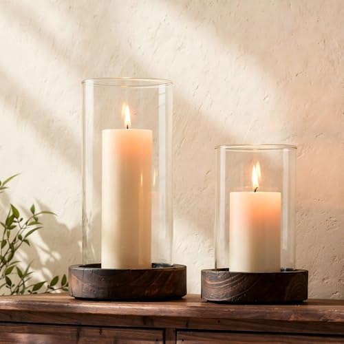 Ronasip Set of 2 Hurricane Candle Holders with Wood Base & Glass Cylinder (4.2x5.9” & 4.6x7.8”) – Rustic Wooden Candle Holders for Home Decor, Weddings, Table Centerpieces (2, Brown) - color: Brown