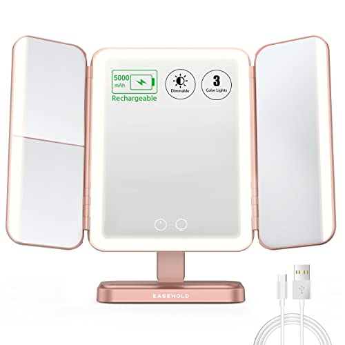 EASEHOLD Trifold Lighted Makeup Vanity Mirror with Lights and Magnification - color: Rose Gold - Rechargeable-5000 Mah-3 Sides Light