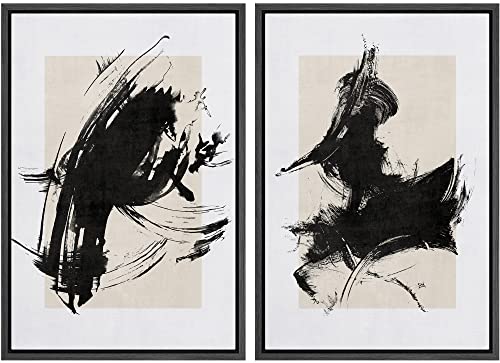 SIGNWIN Framed Canvas Print Wall Art Set Black Ink Paint Stroke & Brown Square Abstract Geometric Illustrations Graffiti & Street Art Modern Art for Living Room, Bedroom, Office - 16"x24"x2 Black - color: Ae16-2210-irs68, size: 16"x24"x2 Panels Black