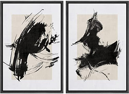 SIGNWIN Framed Canvas Print Wall Art Set Black Ink Paint Stroke & Brown Square Abstract Geometric Illustrations Graffiti & Street Art Modern Art for Living Room, Bedroom, Office - 16"x24"x2 Black - color: Ae16-2210-irs68, size: 16"x24"x2 Panels Black