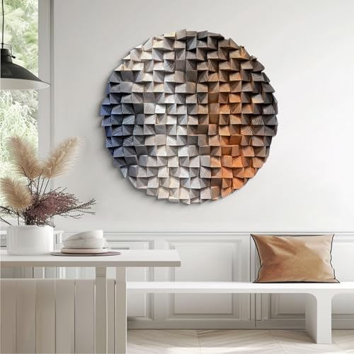 LIUZEYUE Round Wood Wall Art, Split-Tone Cube Mosaic, Modern Wood Accent - color: Blue+Beige+Coffee, size: Ø 23.6"